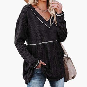 NWOT Women's V-neck Waffle Tunic Long Sleeve Peplum Babydoll Pullover Top, Small
